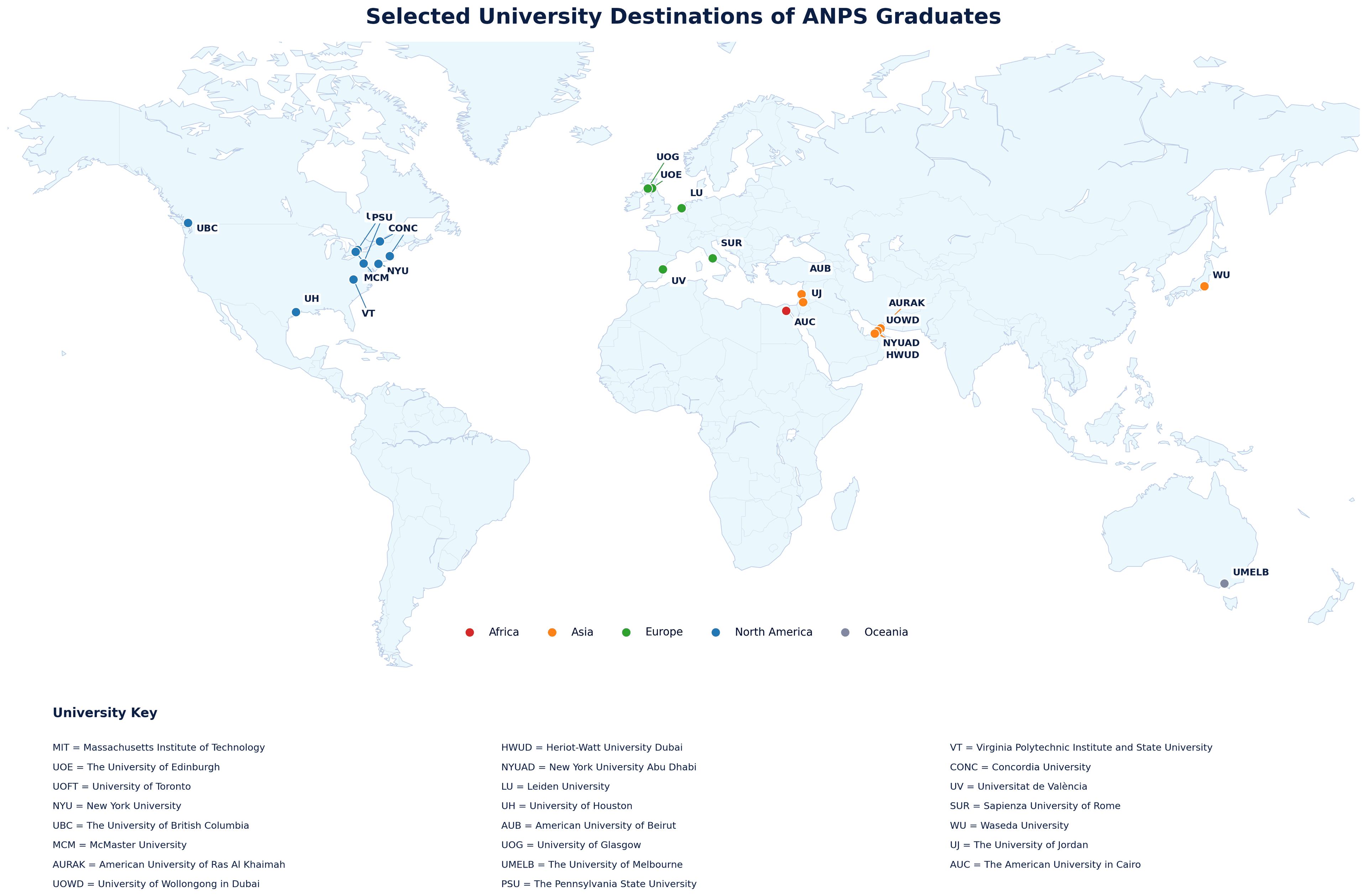 World map showing ANPS graduate university destinations across the UAE, Europe, North America, the Middle East and beyond